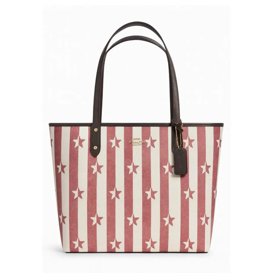 Coach Star Stripe North South Tote Red White Leather Trim Shoulder Bag