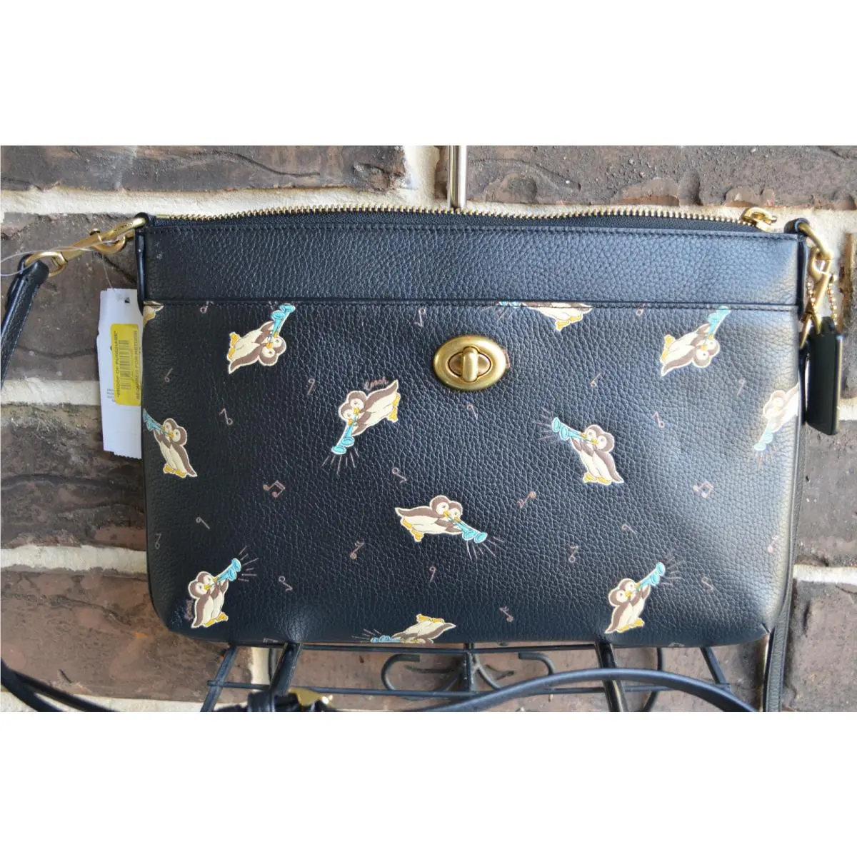 NWT$225 Coach Polly Musical Penguins Pebbled Leather Crossbody Black Multi C6587
