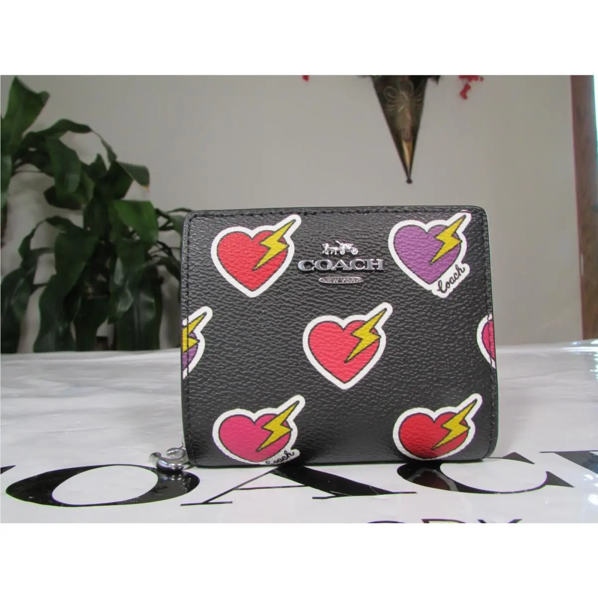 Coated Canvas Snap Wallet with Heart Bolt Print CW537 Black Multi by Coach
