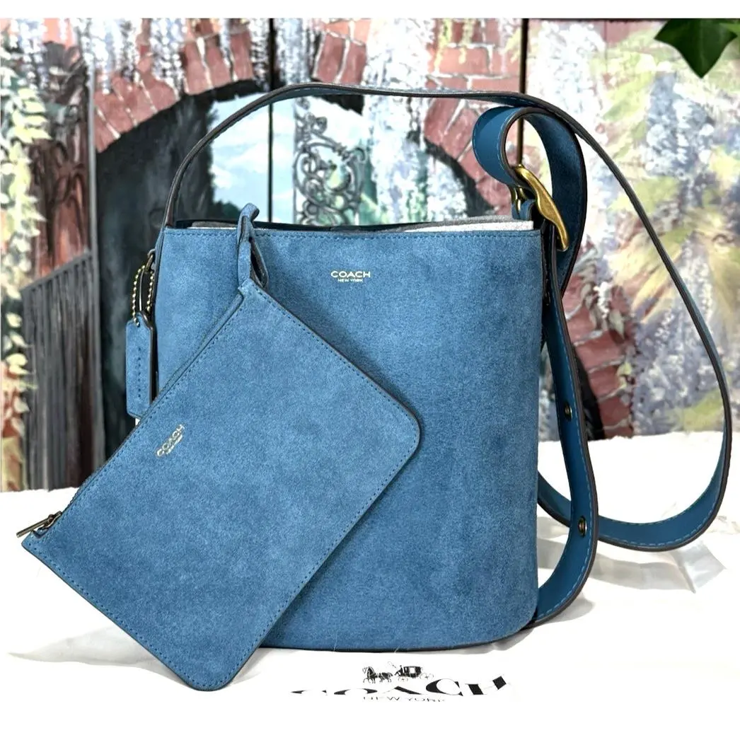 Coach Bleecker Bucket Bag 21 Crossbody Pouch CCW84 In Sea Blue Suede/brass