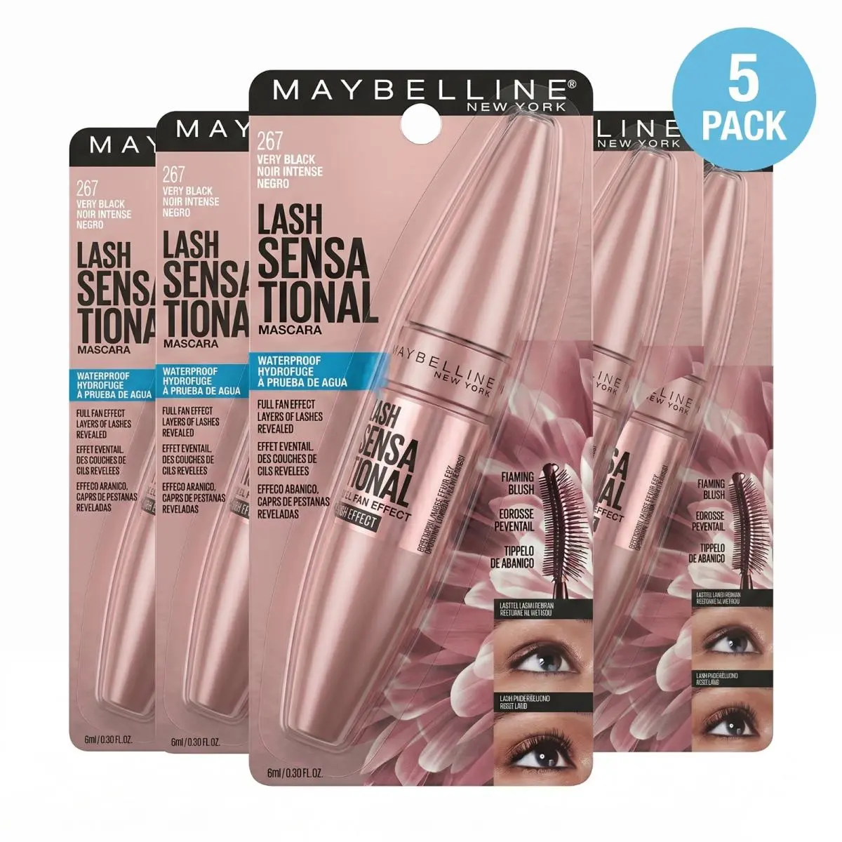 Maybelline Lash Sensational Waterproof Mascara 267 Very Black 5 Pack New