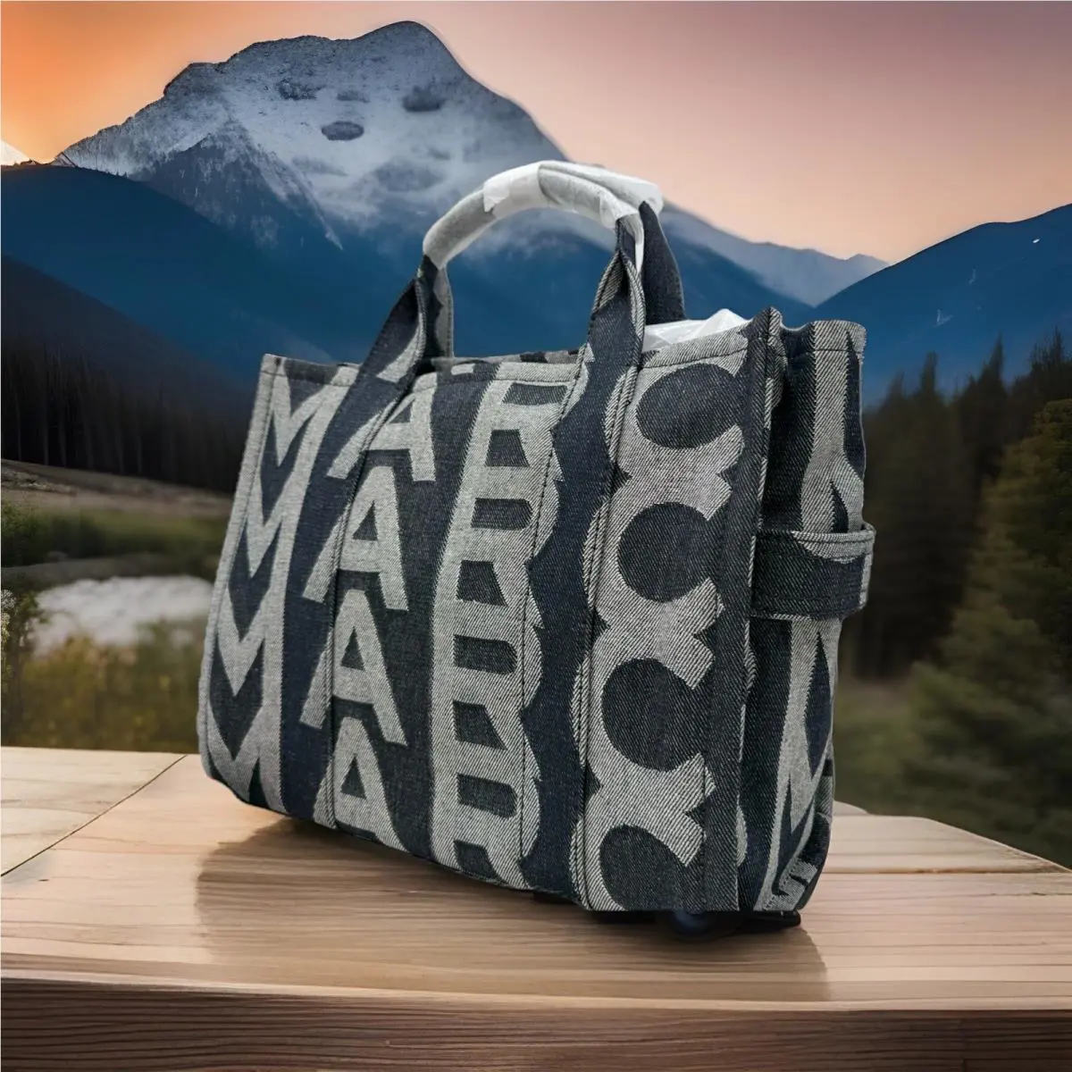 Marc Jacobs The Monogram Logo Medium Denim Tote-gray/ Blue Wash