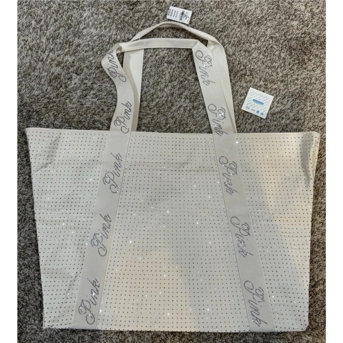 Victoria`s Secret Pink Tote Bag White/cream Bejeweled Bedazzled Rhinestones- Nip