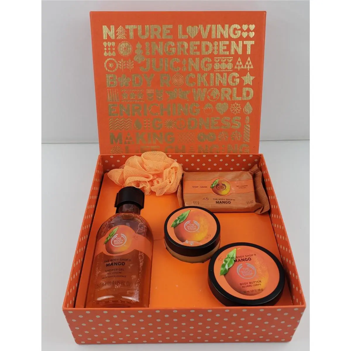 Vgt The Body Shop Mango Gift Box 5 Piece Set Gel Soap Body Butter Scrub Flaw by THE BODY SHOP