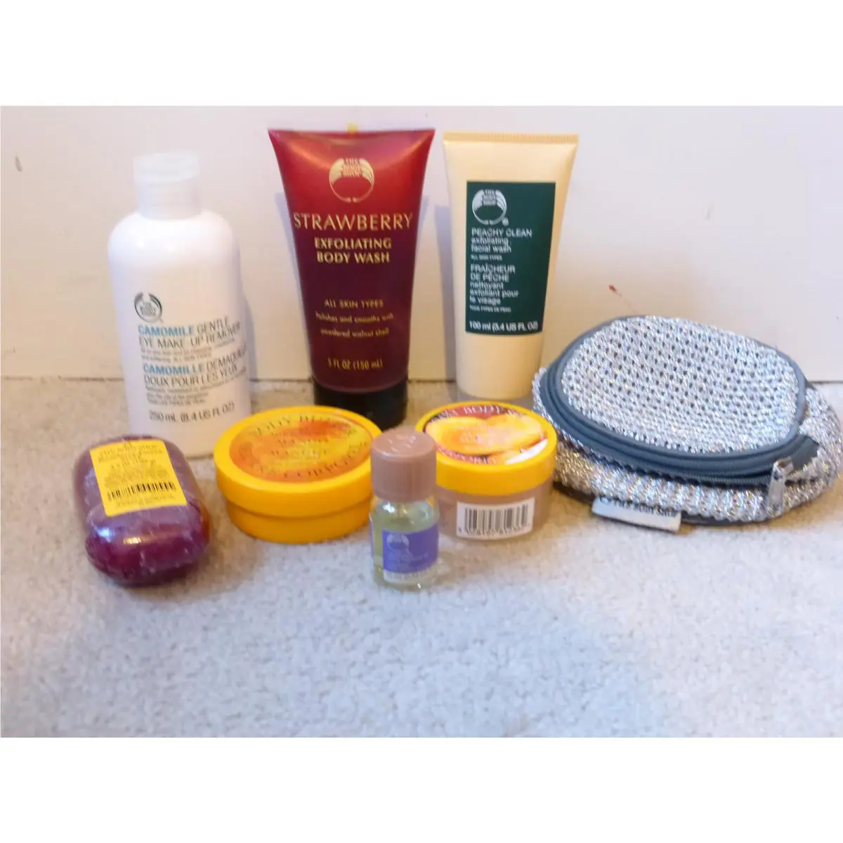 The Body Shop Lot of 8 Body Butter Scrub Wash Soap Face Home Oil Remover Bag by THE BODY SHOP