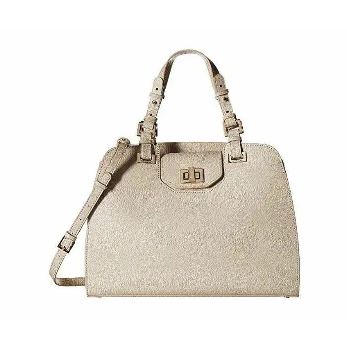 Calvin Klein Large Satchel Convertible Shoulder Bag Beige Leather Gold Turnlock - Handle/Strap: Beige, Hardware: Gold, Exterior: Beige