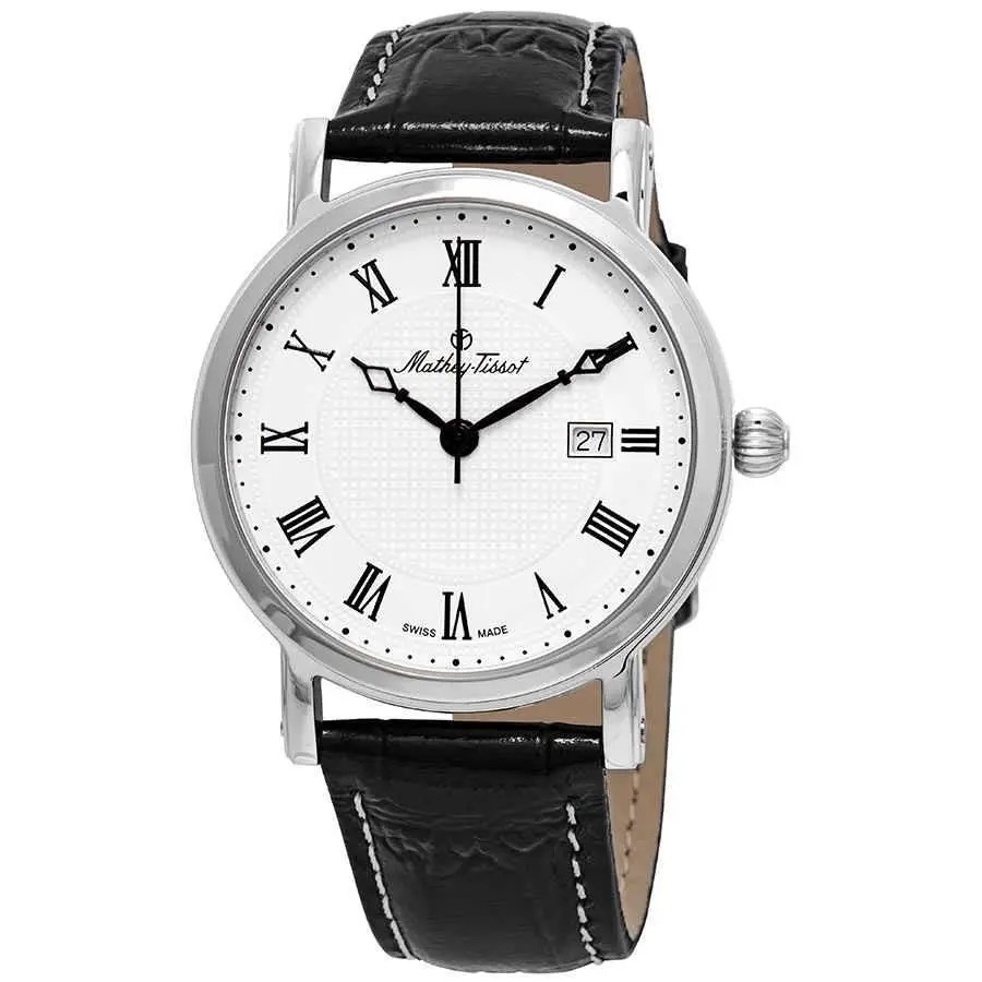 Mathey-tissot City White Dial Black Leather Men`s Watch H611251ABR - Dial: White, Band: Black, Bezel: Silver-tone