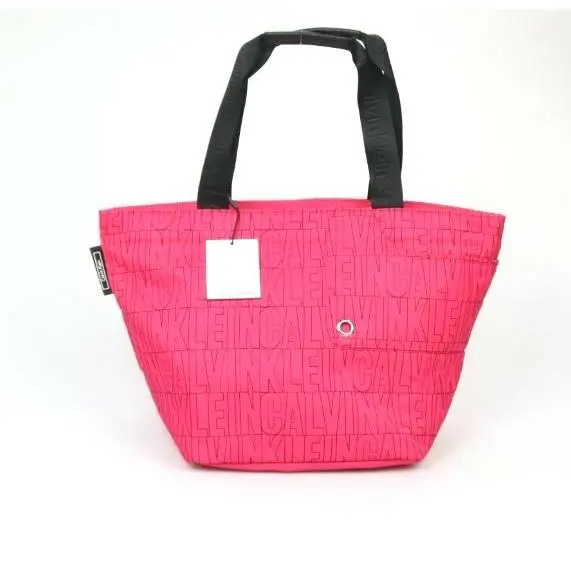 Calvin Klein XL Tote Shoulder Bag Signature Logo Embroidery Weekender Pink Nylon - Handle/Strap: Black, Hardware: Black, Exterior: Magenta Pink