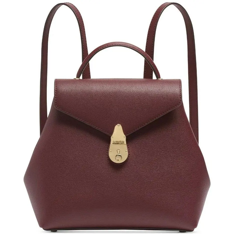 Calvin Klein Backpack Handbag Merlot Burgundy Leather Gold Pushlock Expandable