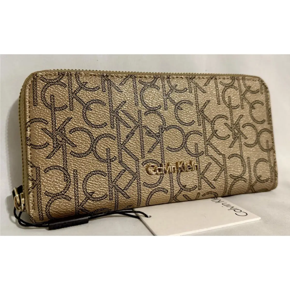 Calvin Klein Antq Bronze/black Signature Zip Around Wallet