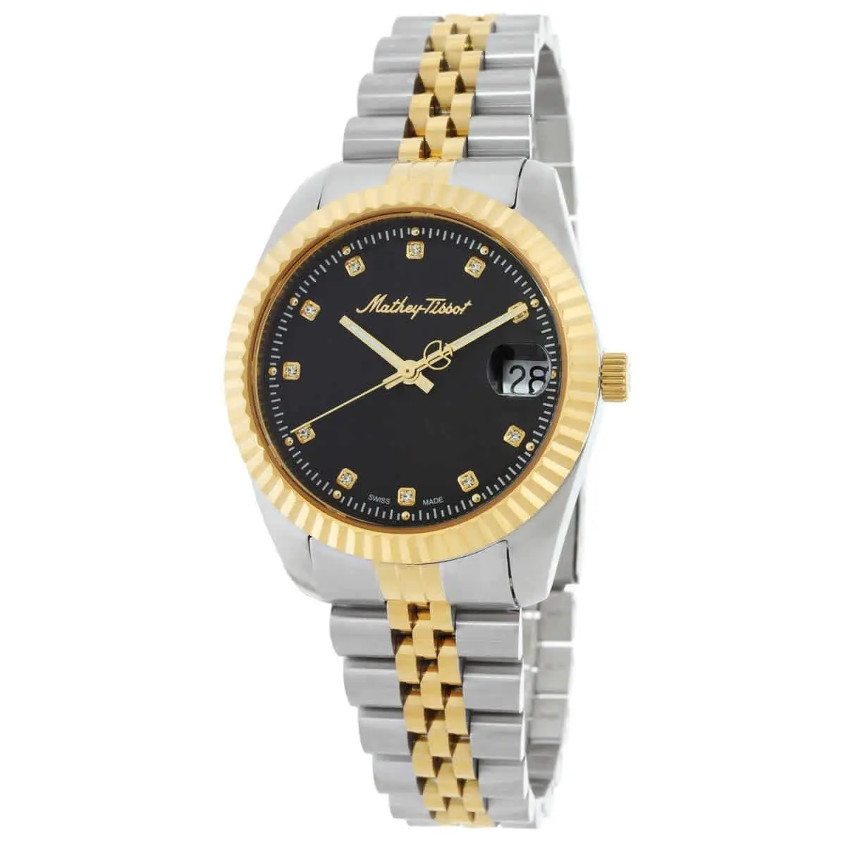 Mathey-tissot Mathy Iii Quartz Black Dial Ladies Watch D807BN - Dial: Black, Band: Two-tone (Silver-tone and Yellow Gold-tone), Bezel: Silver-tone