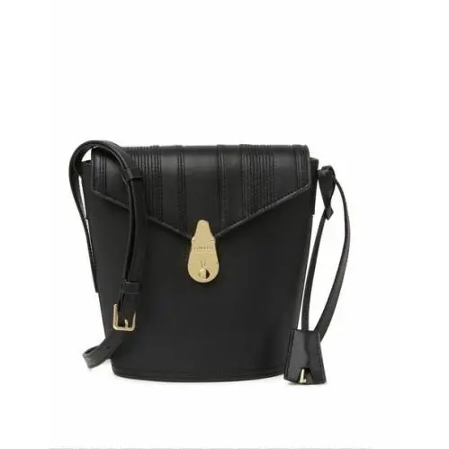 Calvin Klein Bucket Bag Crossbody Black Leather Gold Signature Engraved Pushlock