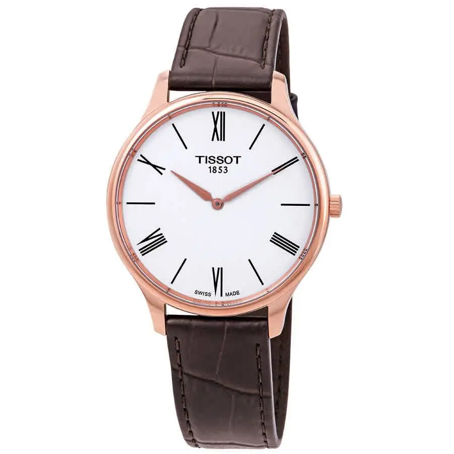 Tissot Tradition 5.5 White Dial Men`s Watch T063.409.36.018.00 - Dial: White, Band: Brown, Bezel: Pink