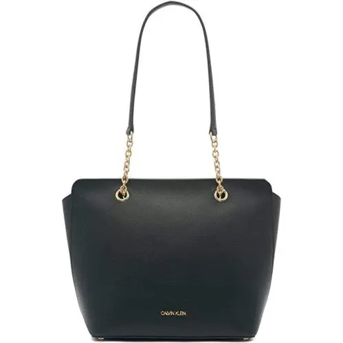 Calvin Klein Tote Black Shoulder-bag Pebbled Leather 3-Compartment Gold Cha