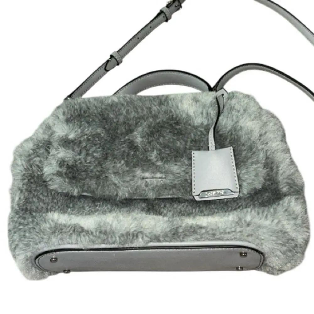 Calvin Klein Leilani Gray Plush Fur Satchel Handbag w/ Flaw