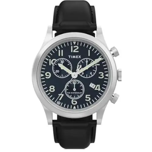 Waterbury Traditional Chrono Sst Case Dark Blue Dial Blk Leather Strap by Timex
