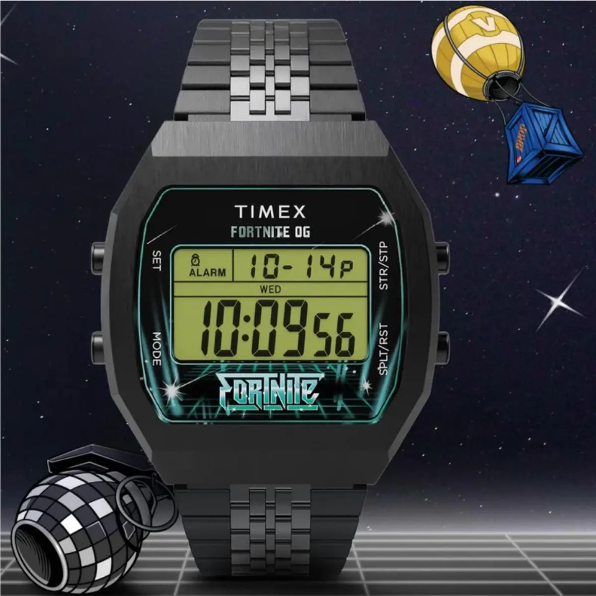 Timex X Fortnite T80 36MM Black Stainless Steel Bracelet Digital Alarm Watch - Dial: Green, Band: Black, Bezel: Black