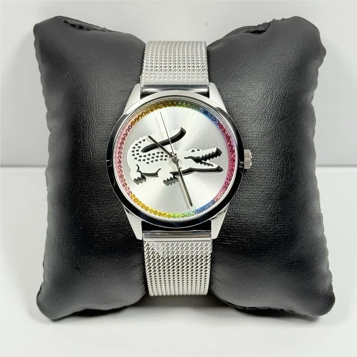 Ladycroc 2001259 Rainbow Crystals Silver Dial Mesh Band Women’s Watch by Lacoste