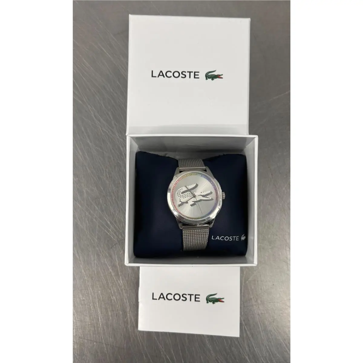 Lacoste Ladycroc 2001259 Rainbow Crystals Silver Dial Mesh Band Women’s Watch