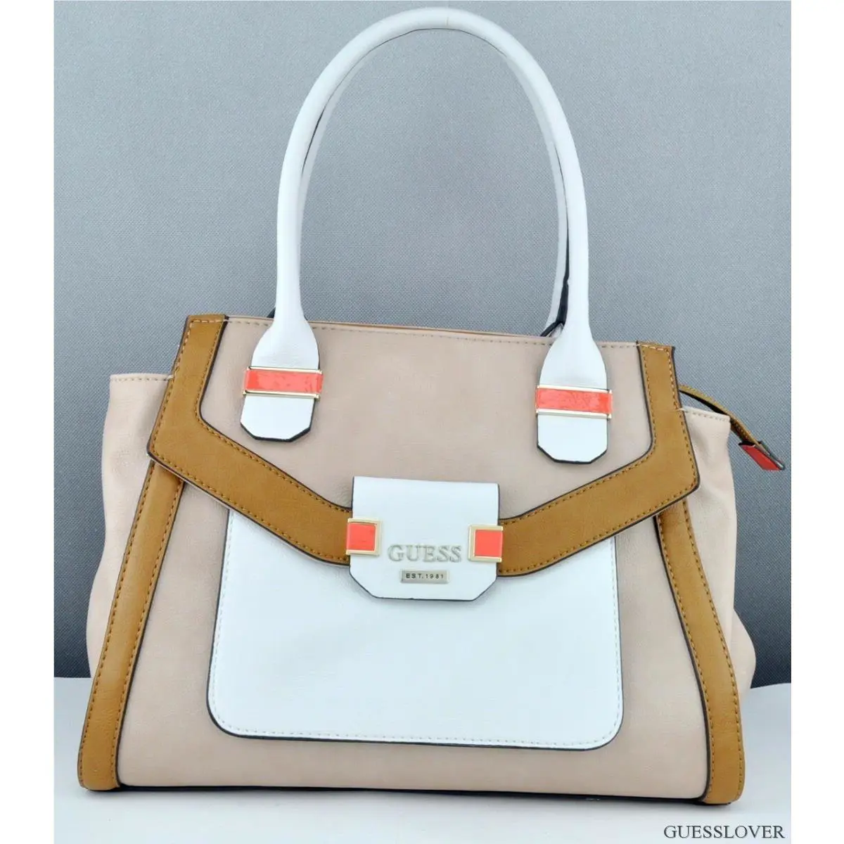 Guess Ladies Handbag Satchel Bag Keita Sand Multi