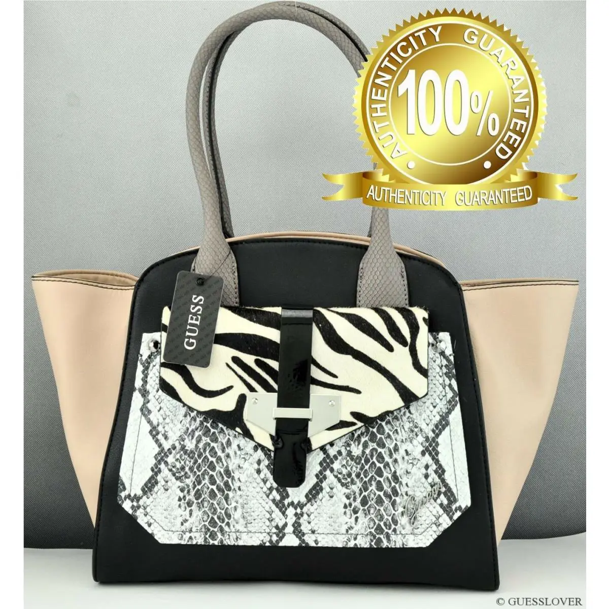 Guess Ladies Handbag Satchel Bag Black Multi Quinn