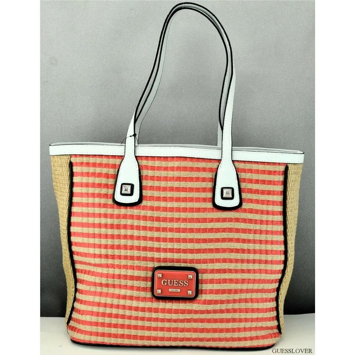 Guess Ladies Handbag Satchel Bag Tangerine Havana Straw