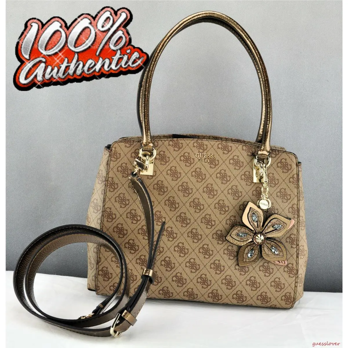 Guess Ladies Handbag Satchel Tote Bag Brown Sibyl
