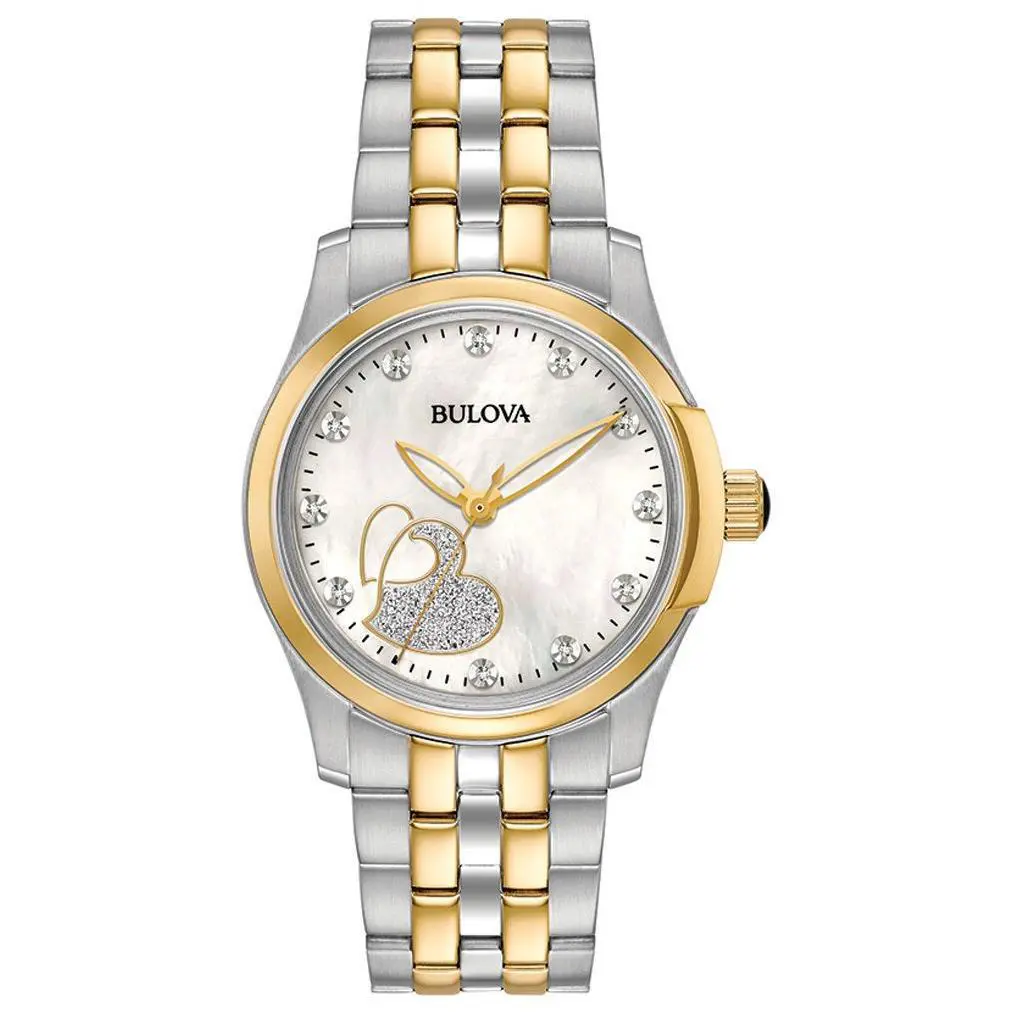 Bulova 98P152 Mother-of-pearl Diamond Heart Dial Two-tone Stainless Ladies Watch - Dial: Mother-of-pearl, Band: Gold & Silver Tone, Bezel: Gold