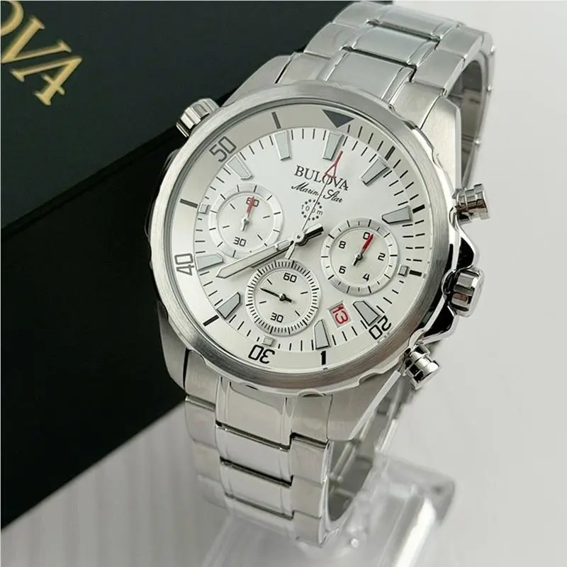 Bulova Marine Star 96B255 White Dial Chronograph Men`s Quartz Watch 43mm