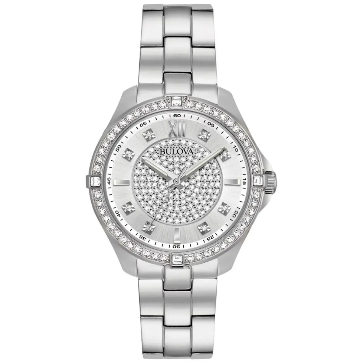 Bulova Ladies` Crystal Stainless Steel 2-Hand Quartz Watch Pave Dial 96L236