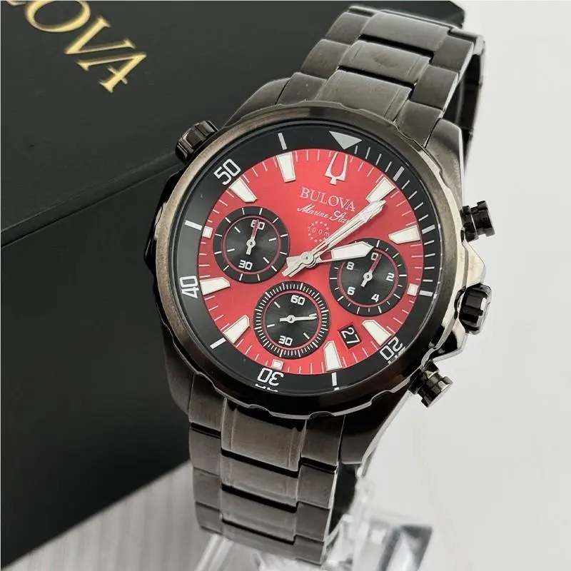 Bulova Marine Star Red Dial Chronograph Men`s Quartz Watch 43mm 98B350