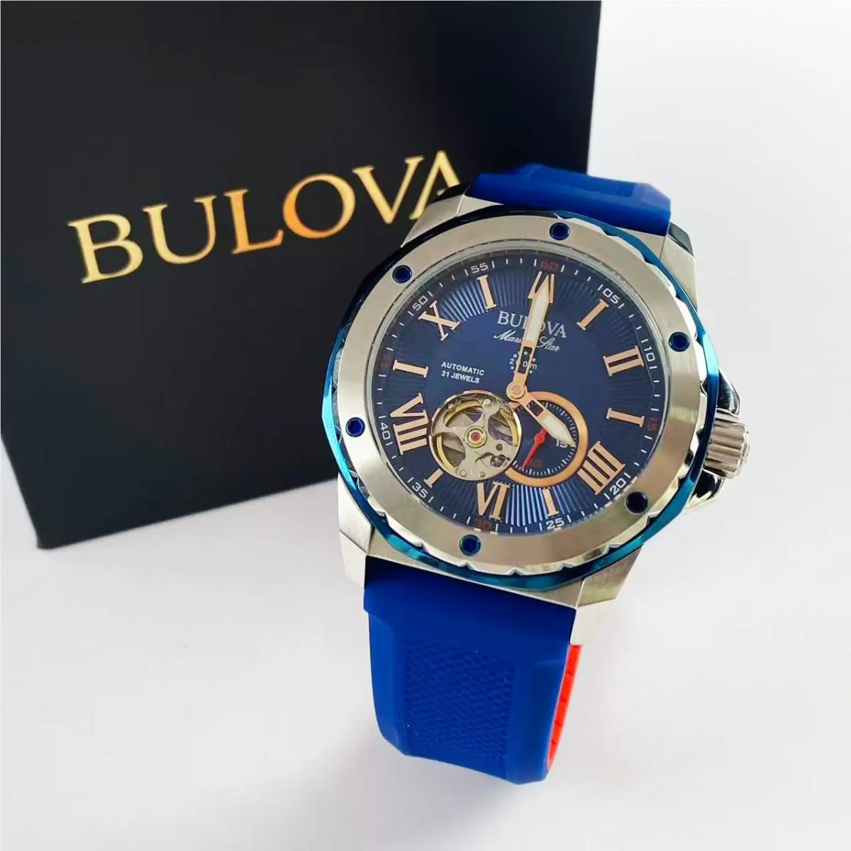 Bulova Marine Star Men’s Automatic Watch Blue Dial Silicone Strap 98A282