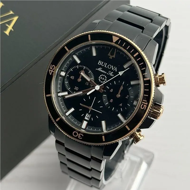 Bulova Marine Star Men`s Quartz Watch 45mm Black Dial Stainless Steel 98B302