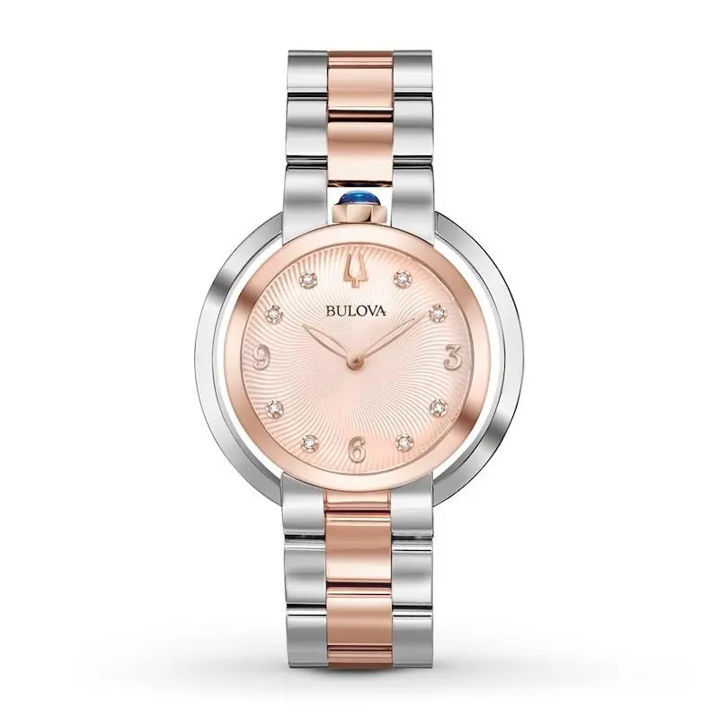 Bulova Ladies Rubaiyat Two Tone Rose Gold Diamond 35mm Watch 98P174 - Dial: Rose, Band: Silver, Rose Gold, Bezel: Rose Gold, Silver