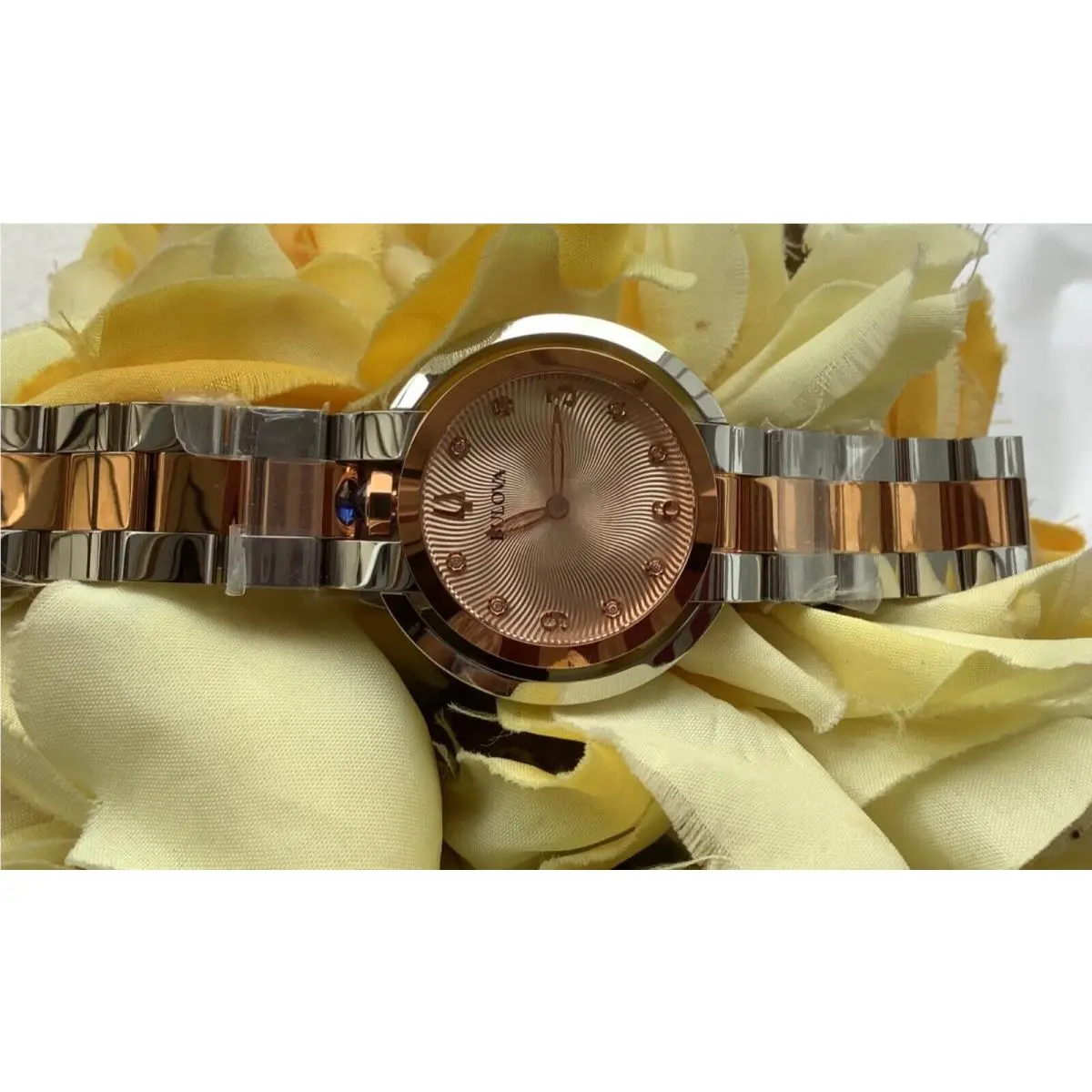 Bulova Rubaiyat Two Tone Diamond-accent Women’s Watch 35 MM - Dial: rose pink gold, Band: rose gold and silver tone, Bezel: Rose Gold