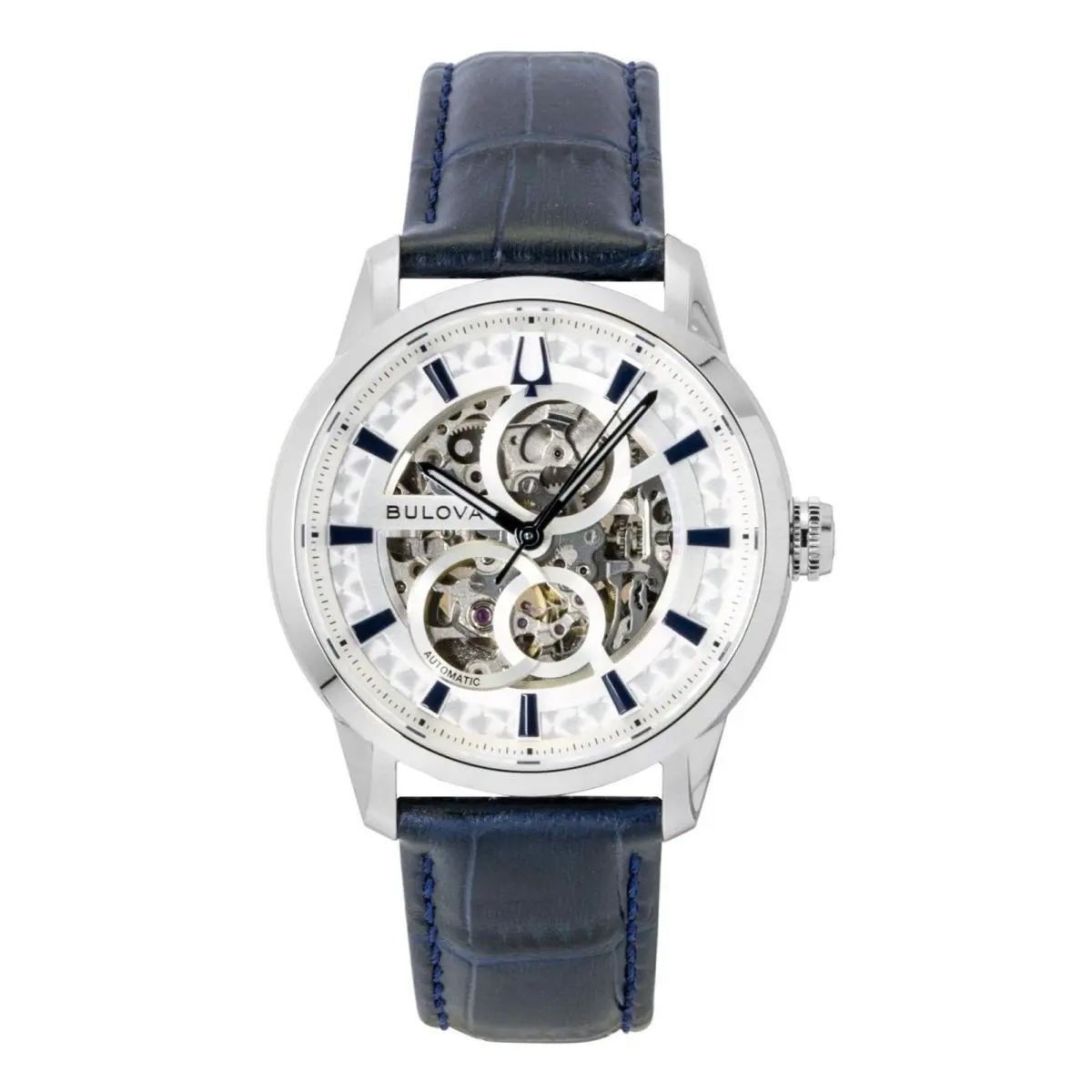 Bulova Sutton Automatic Skeleton Leather Strap Wristwatch 96A330 Men`s Watch - Dial: Silver, Band: Blue, Bezel: No Bezel