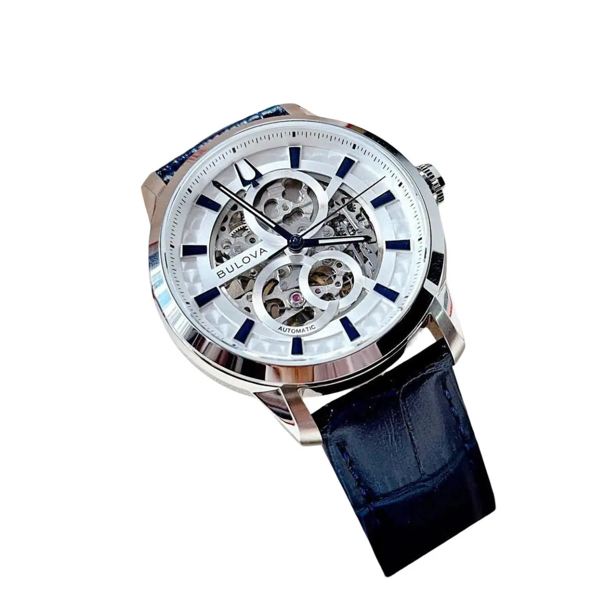 Bulova 96A330 Sutton Silver Dial Automatic Stainless Steel Men`s Watch - Dial: Silver, Band: Blue, Bezel: Silver