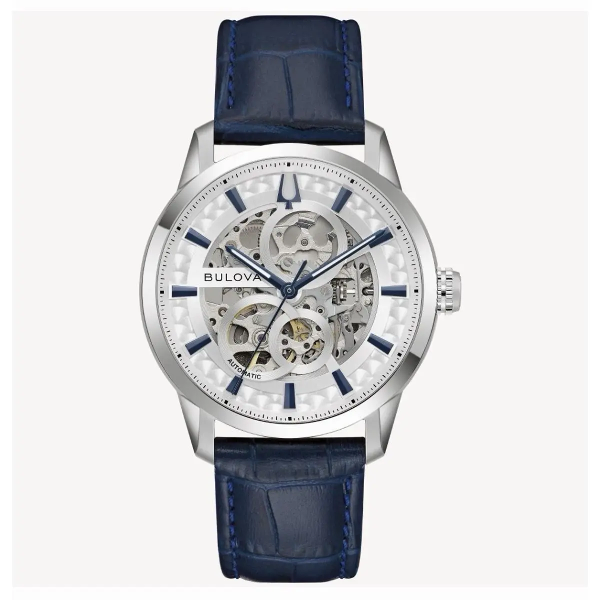 Bulova Sutton Auto Silver-tone Dial Leather Band Men`s Watch 96A330 - Dial: Silver, Band: Blue