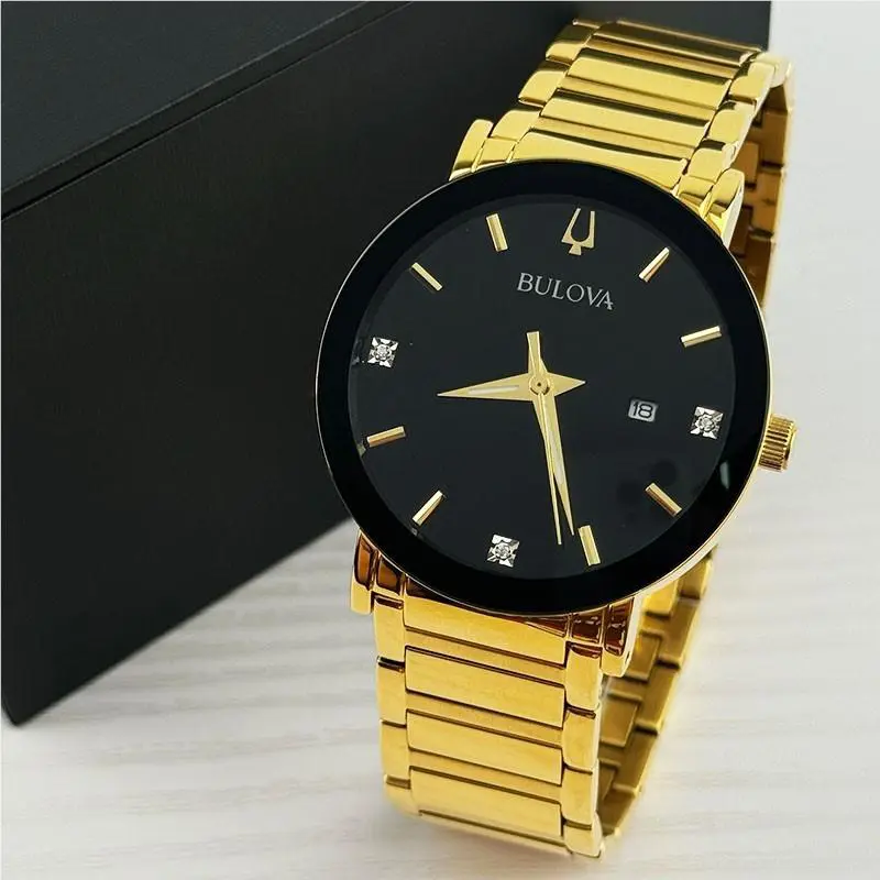 Bulova Modern 97D116 Black Diamond Dial Gold Bracelet Men`s Quartz Watch 42mm