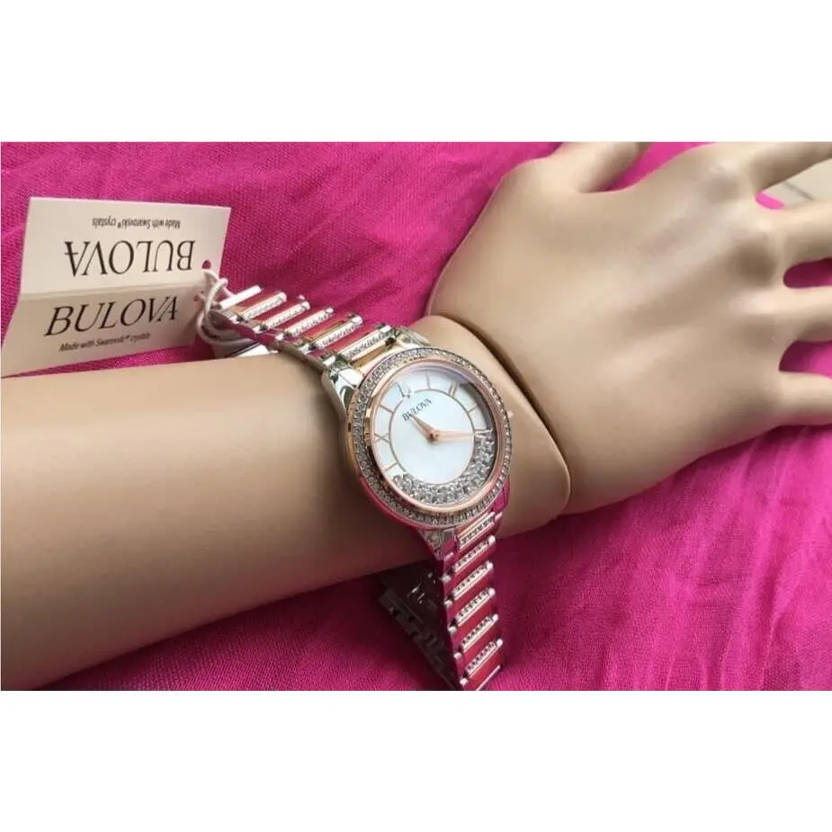 Bulova Two-tone Turnstyle Floating Swarovski Crystal Dial Women’s Watch 33 Mm - Dial: mother of pearl dial, Band: rose gold and silver tone