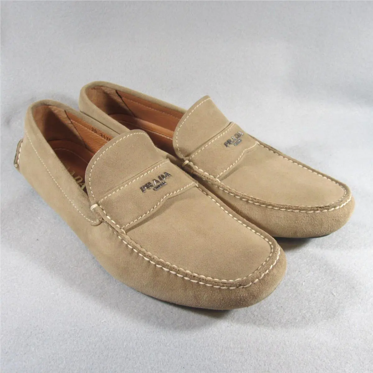 Luxury Prada Logo Driving Shoes 2D2170 Brown Suede Leather Size 9 1/2