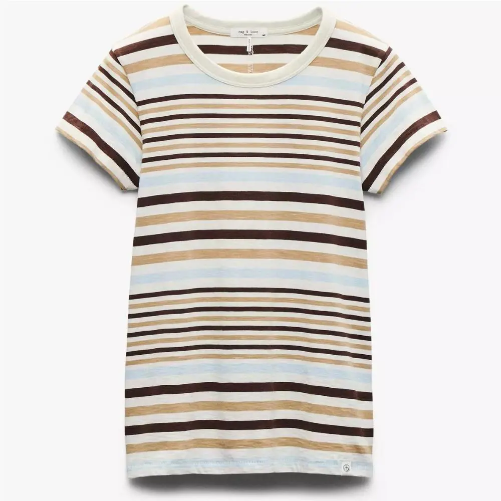 Rag Bone Womens Ivory Multi Short Sleeve Crew Neck Cotton The Slub Stripe Tee