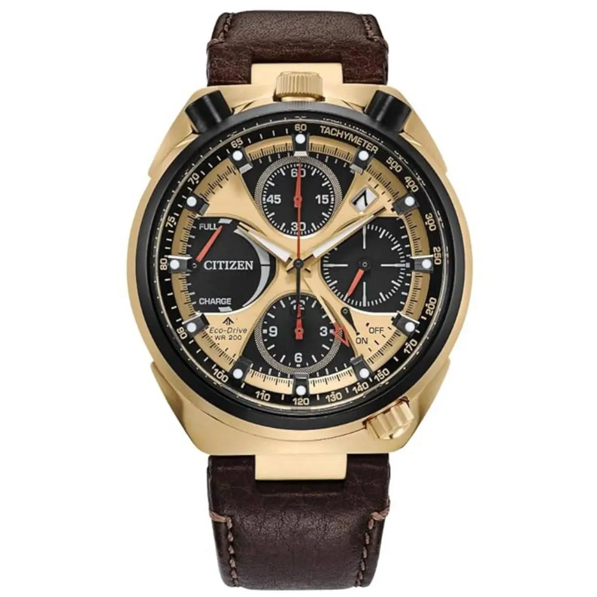 Citizen Men`s Watch Promaster Tsuno Gold Tone and Black Dial Strap AV0072-01X - Dial: Black, Band: Brown