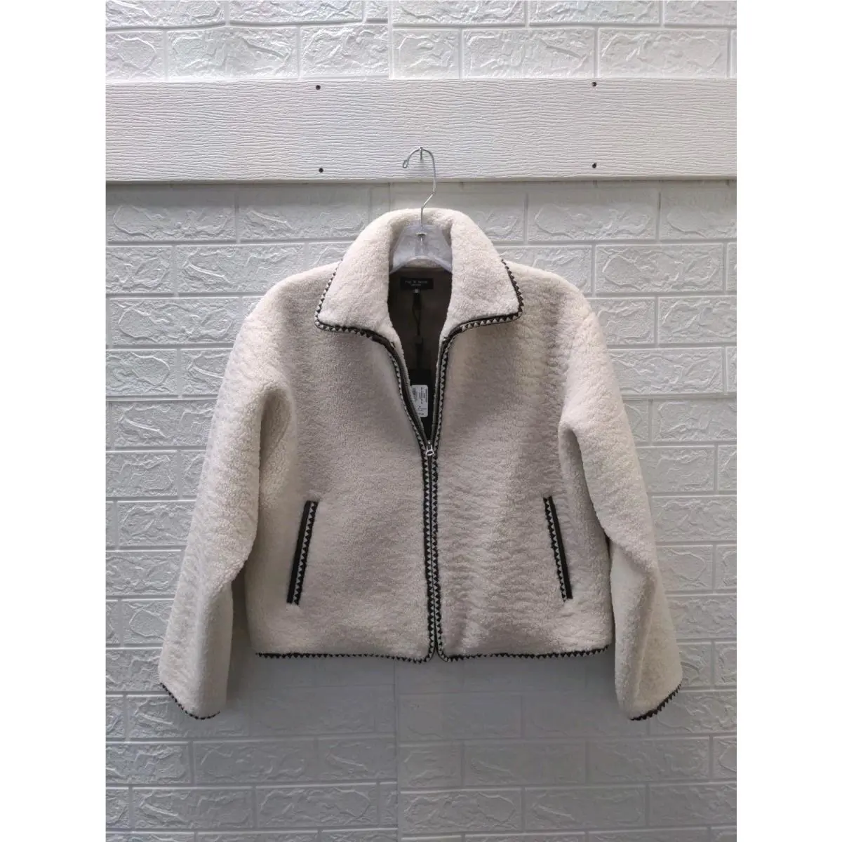 Rag Bone Women`s Mai Sherpa Zip Up Jacket Ivory Sz M