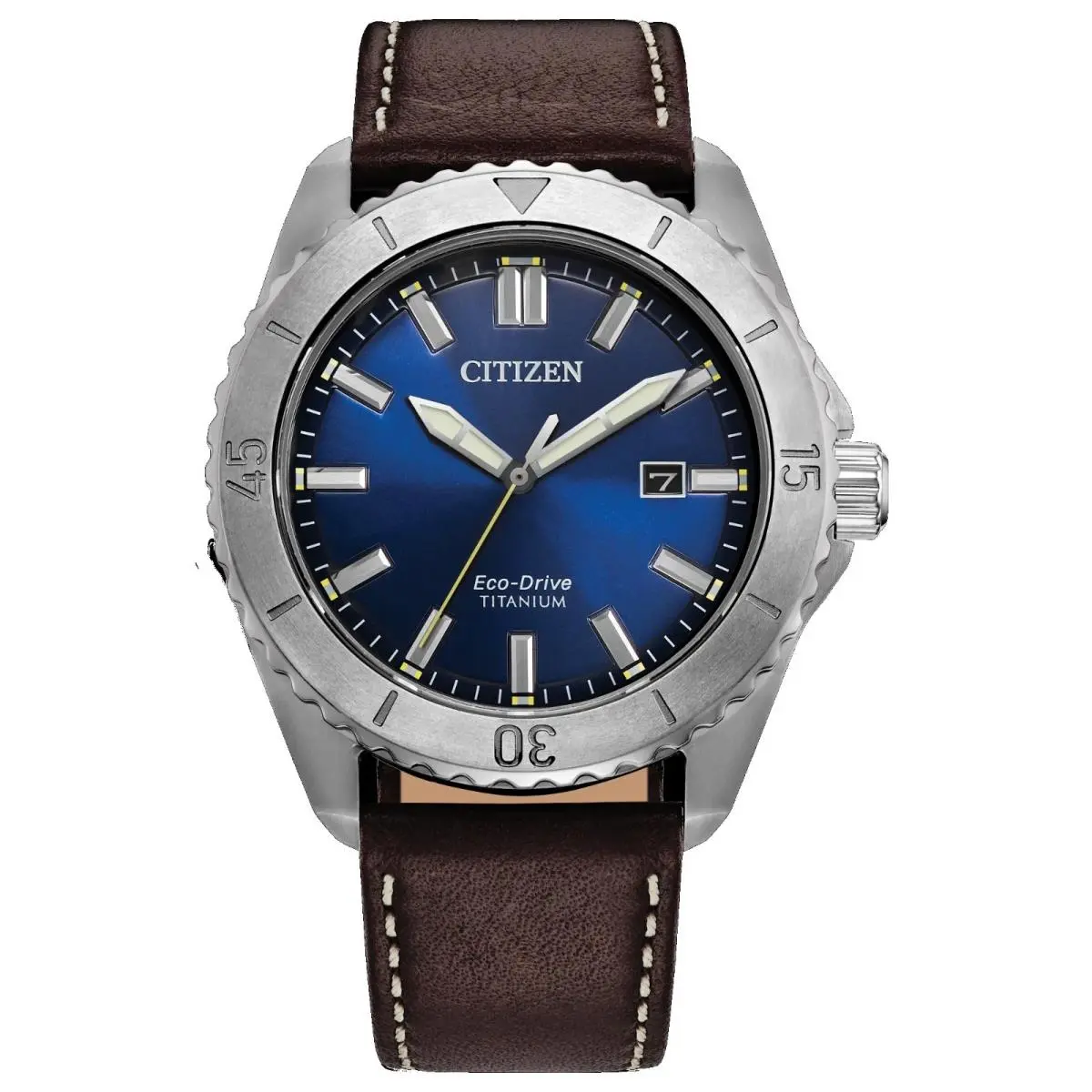 Citizen AW1840-09L Men`s Brycen Titanium Eco-drive Leather Strap Blue Dial Watch - Dial: Blue, Band: Brown, Bezel: Silver
