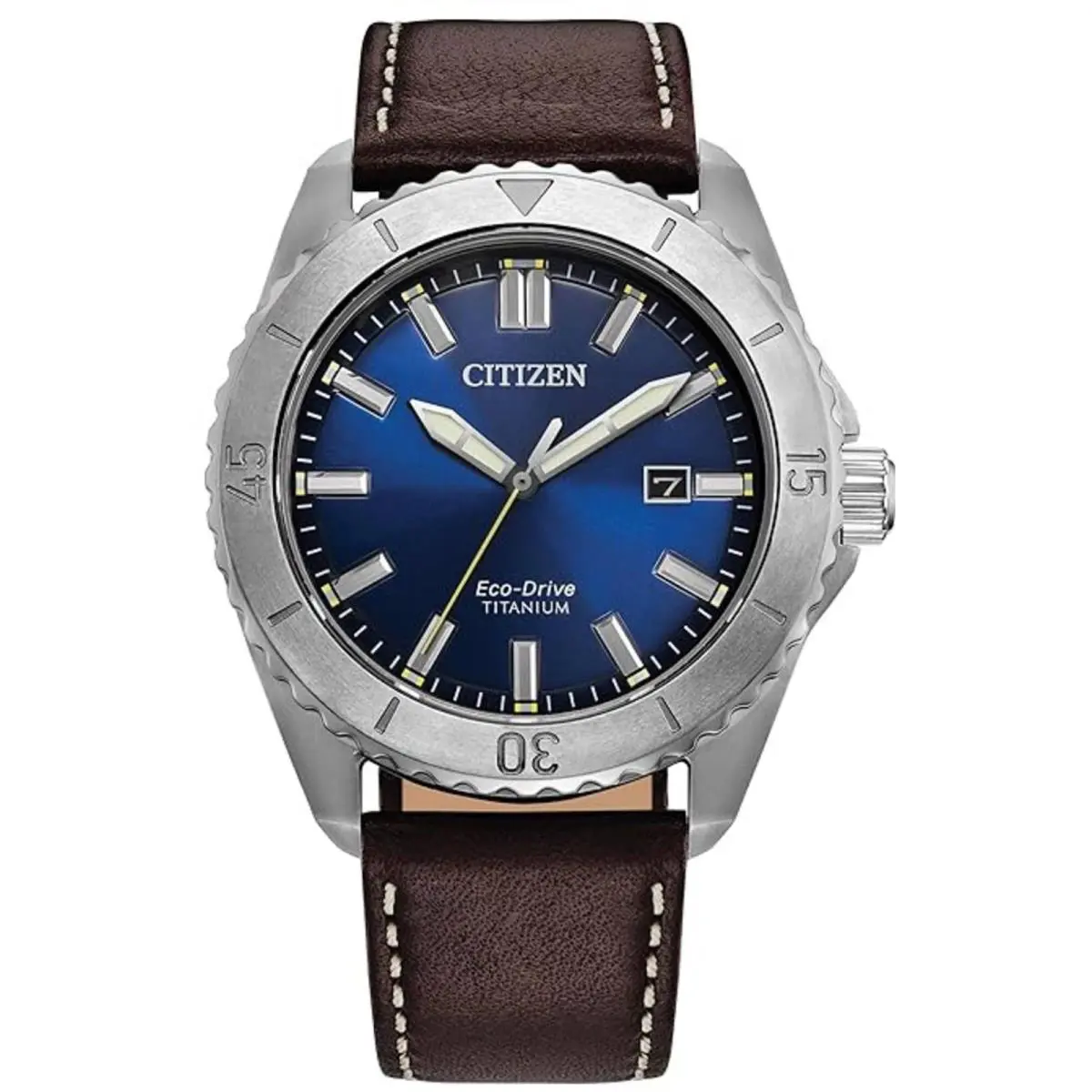 Citizen AW1840-09L Men`s Brycen Titanium Eco-drive Leather Strap Blue Dial Watch - Dial: Blue, Band: Brown, Bezel: Silver
