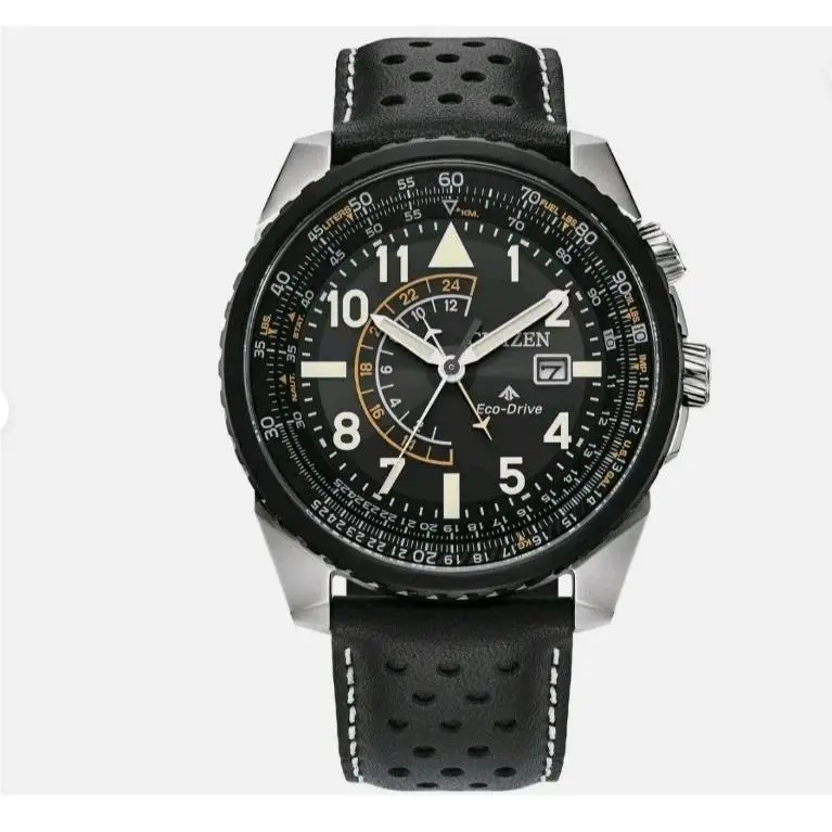 Citizen Eco-drive Promaster Nighthawk Quartz Leather Band Men`s Watch - Dial: Black, Band: Black, Bezel: Silver, Black