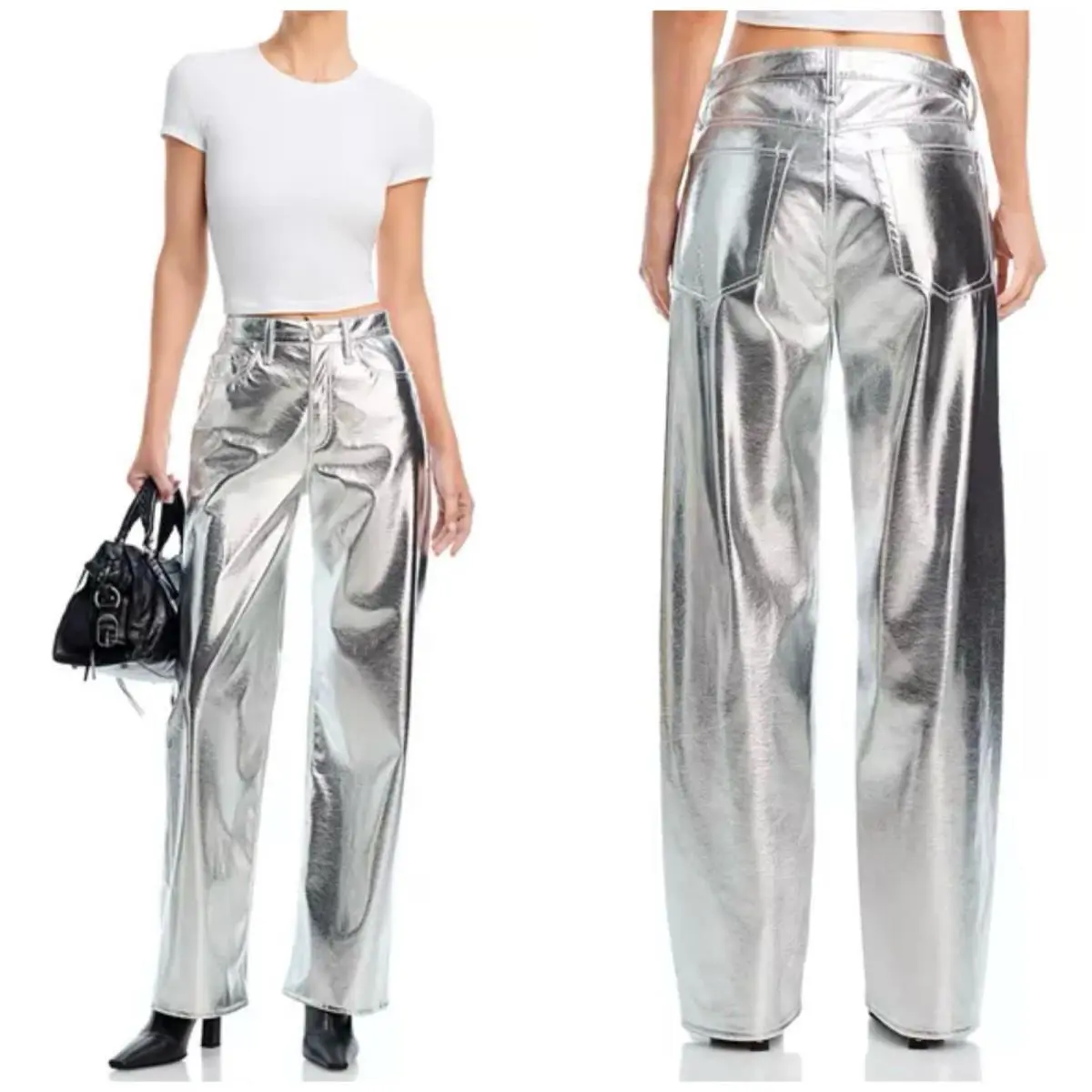 Rag Bone Logan Leather Wide Leg Pants In Silver Size: 30