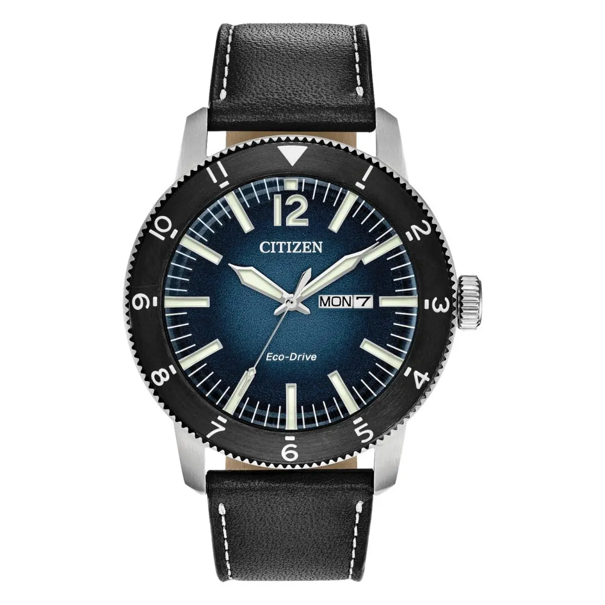 Citizen Brycen AW0078-08L Men`s Blue Dial Leather Strap 44mm Watch - Dial: Blue, Band: Black, Bezel: Black