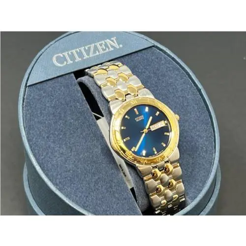 Citizen Men`s Bracelet Watch Silver Gold Blue Dial Water Resistant Day-date